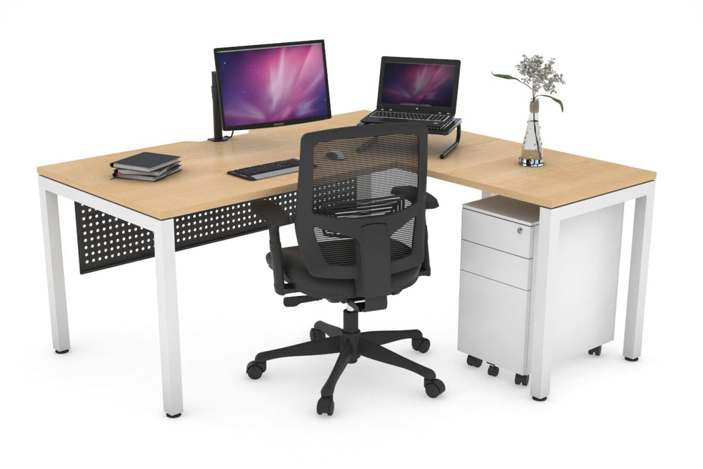 Quadro Square Legs - L Shaped Corner Office Desk [1600L x 1800W with Cable Scallop]-white leg maple black modesty