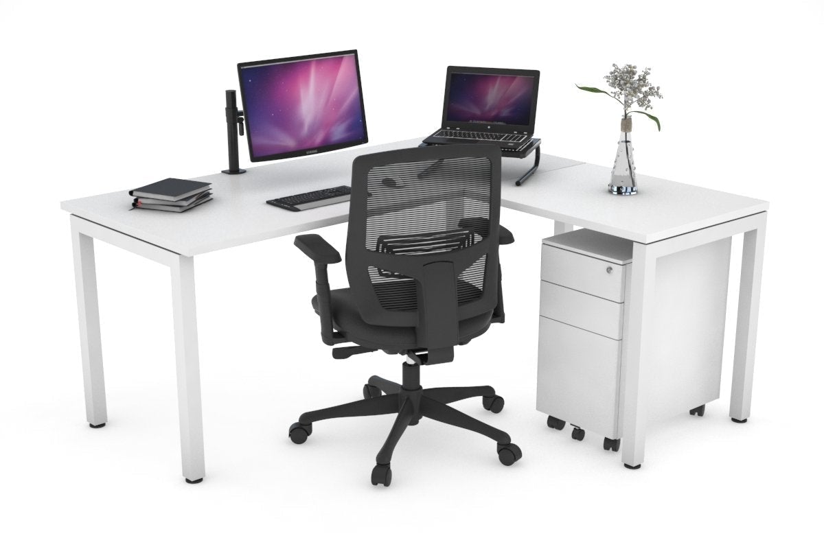 White and black l shaped desk top