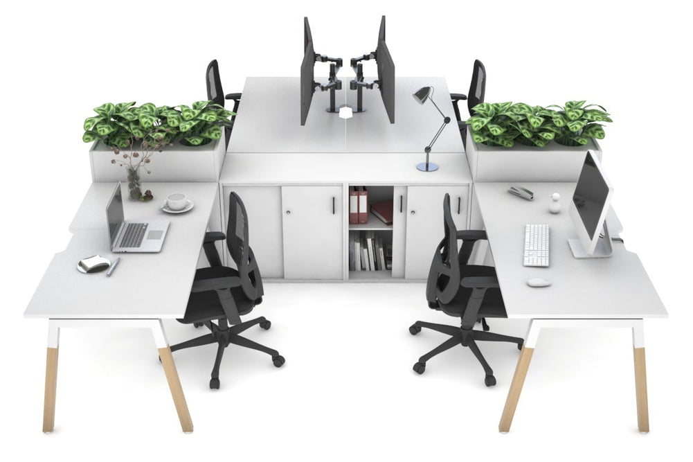 Quadro Wood A Legs Cross Beam 4 Person Workstation with Uniform Spine [4 x (1600x800 with Cable Scallop)]-white leg white/white planter 