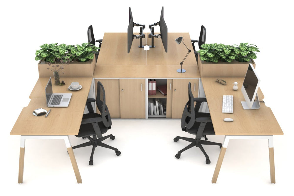 Quadro Wood A Legs Cross Beam 4 Person Workstation with Uniform Spine [4 x (1600x800 with Cable Scallop)]-white leg maple/maple planter 