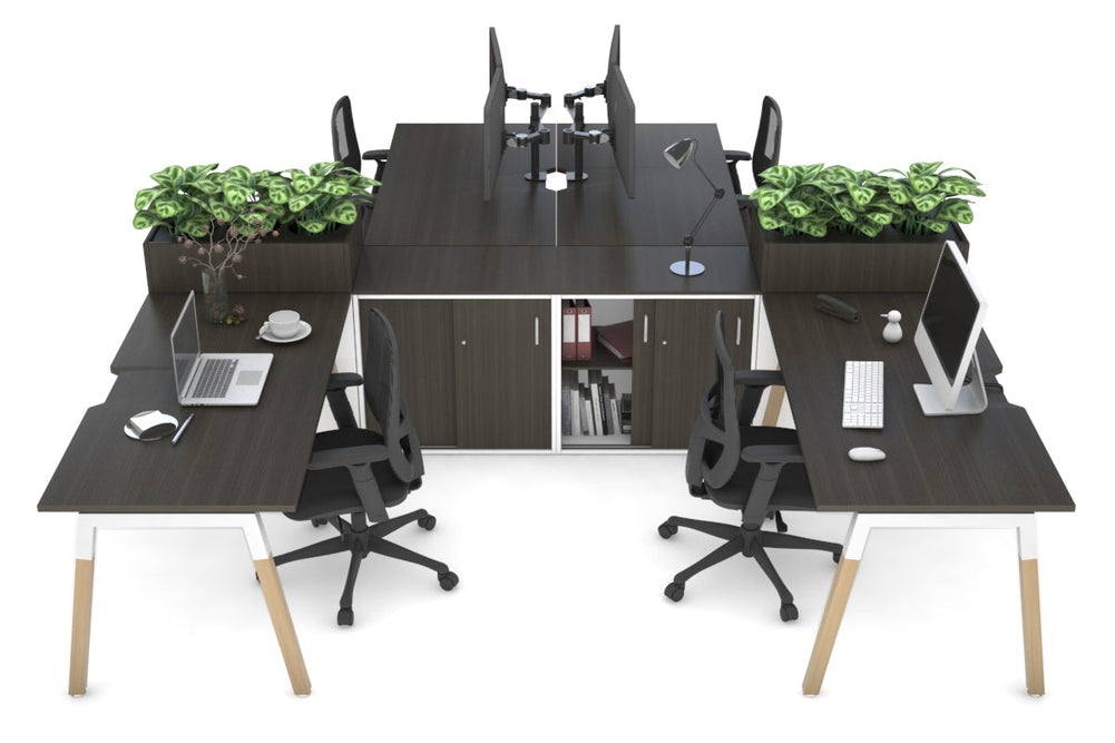 Quadro Wood A Legs Cross Beam 4 Person Workstation with Uniform Spine [4 x (1600x800 with Cable Scallop)]-white leg dark oak/dark oak planter 