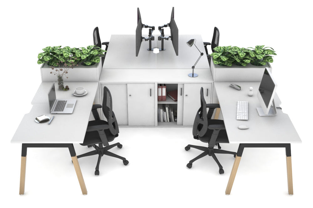 Quadro Wood A Legs Cross Beam 4 Person Workstation with Uniform Spine [4 x (1800x800 with Cable Scallop)]-black leg white/white planter 