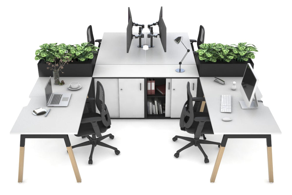 Quadro Wood A Legs Cross Beam 4 Person Workstation with Uniform Spine [4 x (1800x800 with Cable Scallop)]-black leg white/black planter 