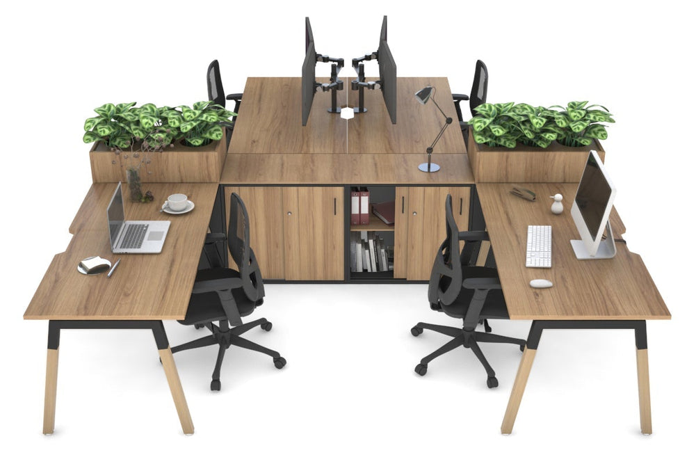 Quadro Wood A Legs Cross Beam 4 Person Workstation with Uniform Spine [4 x (1800x800 with Cable Scallop)]-black leg salvage oak/salvage oak planter 