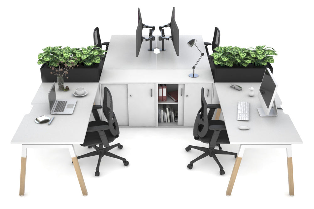 Quadro Wood A Legs Cross Beam 4 Person Workstation with Uniform Spine [4 x (1800x800 with Cable Scallop)]-white leg white/black planter 