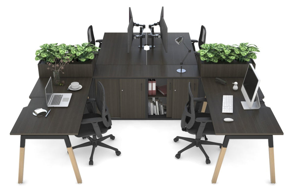 Quadro Wood A Legs Cross Beam 4 Person Workstation with Uniform Spine [4 x (1800x800 with Cable Scallop)]-black leg dark oak/dark oak planter 