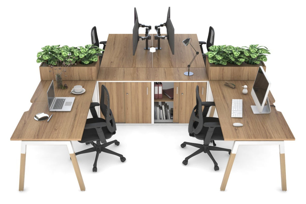 Quadro Wood A Legs Cross Beam 4 Person Workstation with Uniform Spine [4 x (1800x800 with Cable Scallop)]-white leg salvage oak/salvage oak planter 