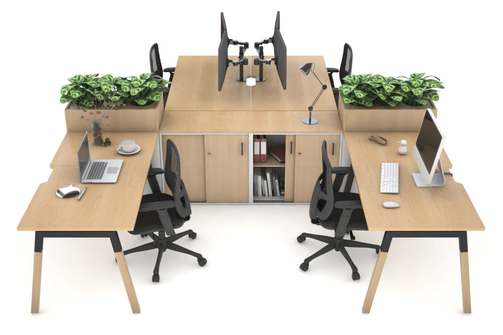 Quadro Wood A Legs Cross Beam 4 Person Workstation with Uniform Spine [4 x (1800x800 with Cable Scallop)]-black leg maple/maple planter 