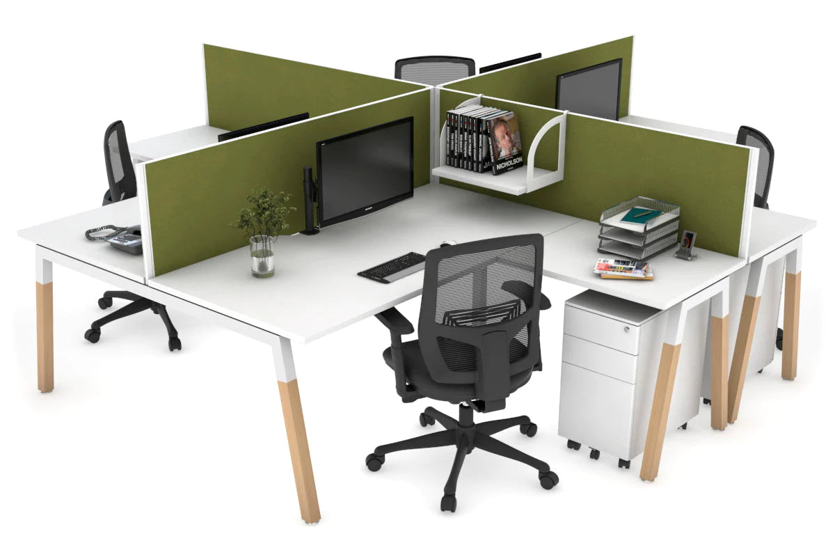 Quadro Wood A Leg Cross Beam 4 Person Corner Workstations [1400L x 1800W with Cable Scallop] Jasonl white leg white green moss