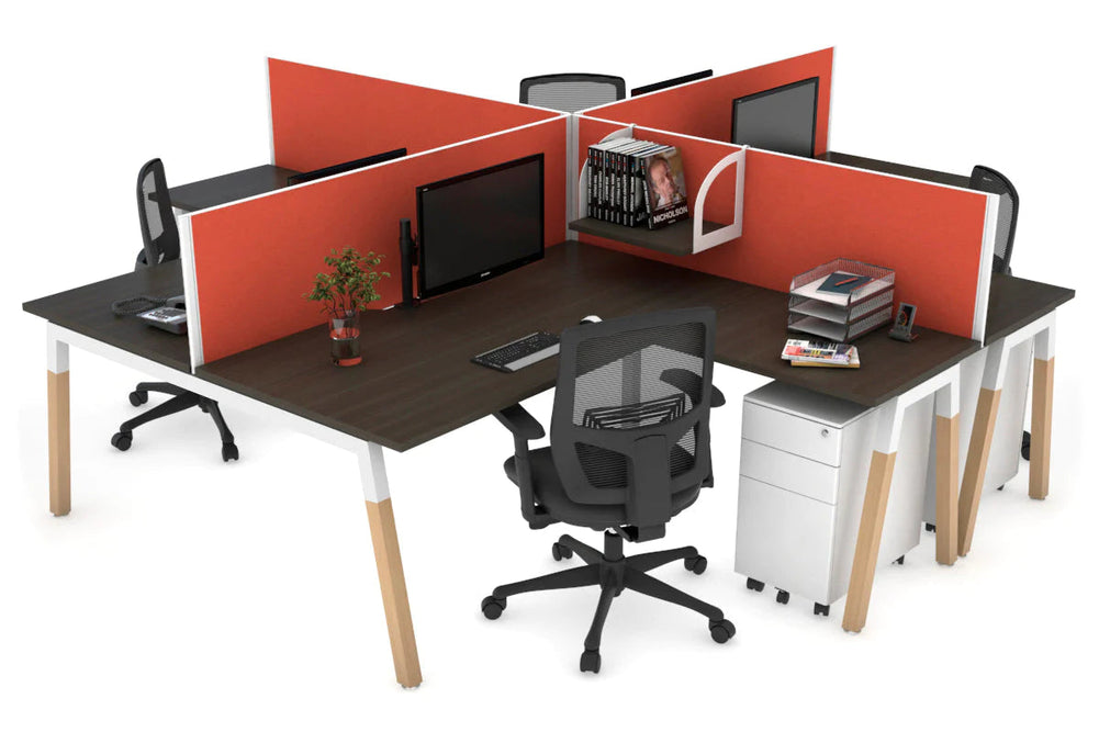 Quadro Wood A Legs Cross Beam 4 Person Corner Workstation [1400L x 1800W with Cable Scallop]-white leg dark oak squash orange