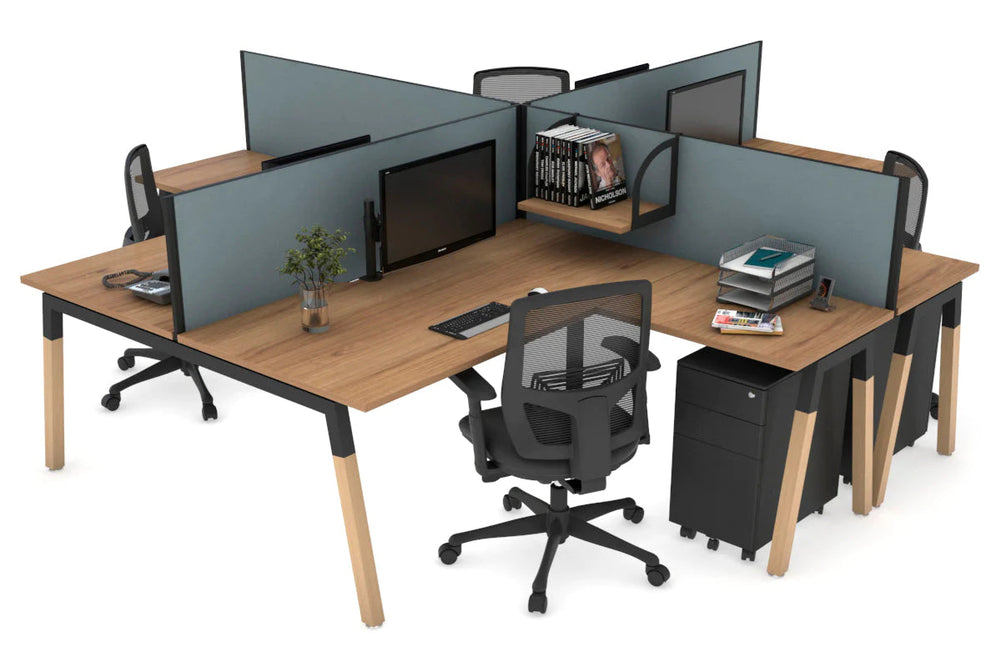 Quadro Wood A Legs Cross Beam 4 Person Corner Workstation [1400L x 1800W with Cable Scallop]-black leg salvage oak cool grey