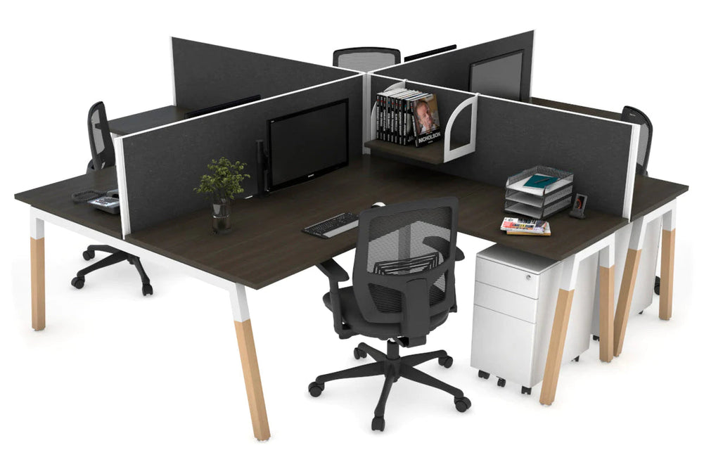 Quadro Wood A Legs Cross Beam 4 Person Corner Workstation [1400L x 1800W with Cable Scallop]-white leg dark oak moody charcoal