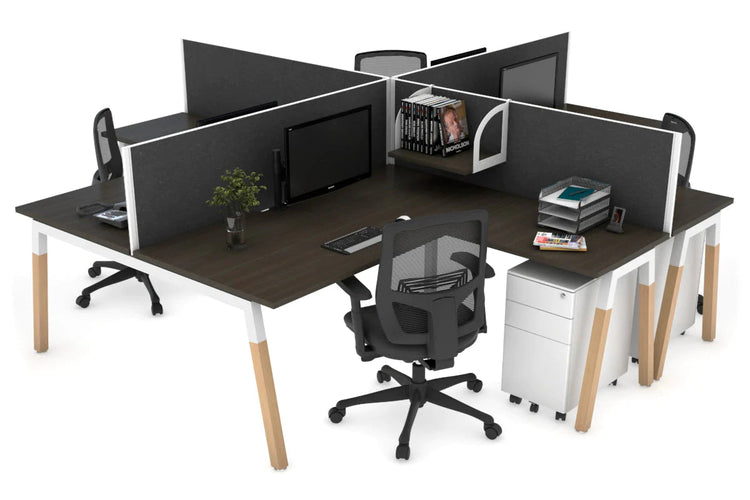 Quadro Wood A Leg Cross Beam 4 Person Corner Workstations [1400L x 1800W with Cable Scallop] Jasonl white leg dark oak moody charcoal