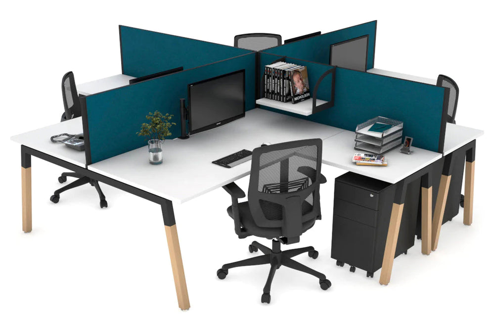 Quadro Wood A Legs Cross Beam 4 Person Corner Workstation [1400L x 1800W with Cable Scallop]-black leg white deep blue