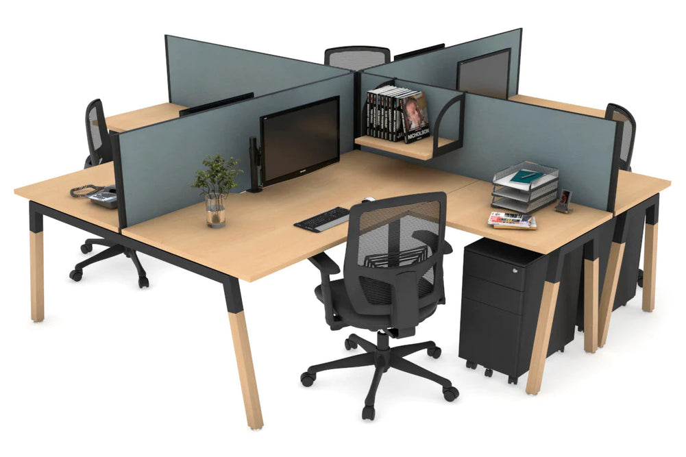 Quadro Wood A Legs Cross Beam 4 Person Corner Workstation [1400L x 1800W with Cable Scallop]-black leg maple cool grey