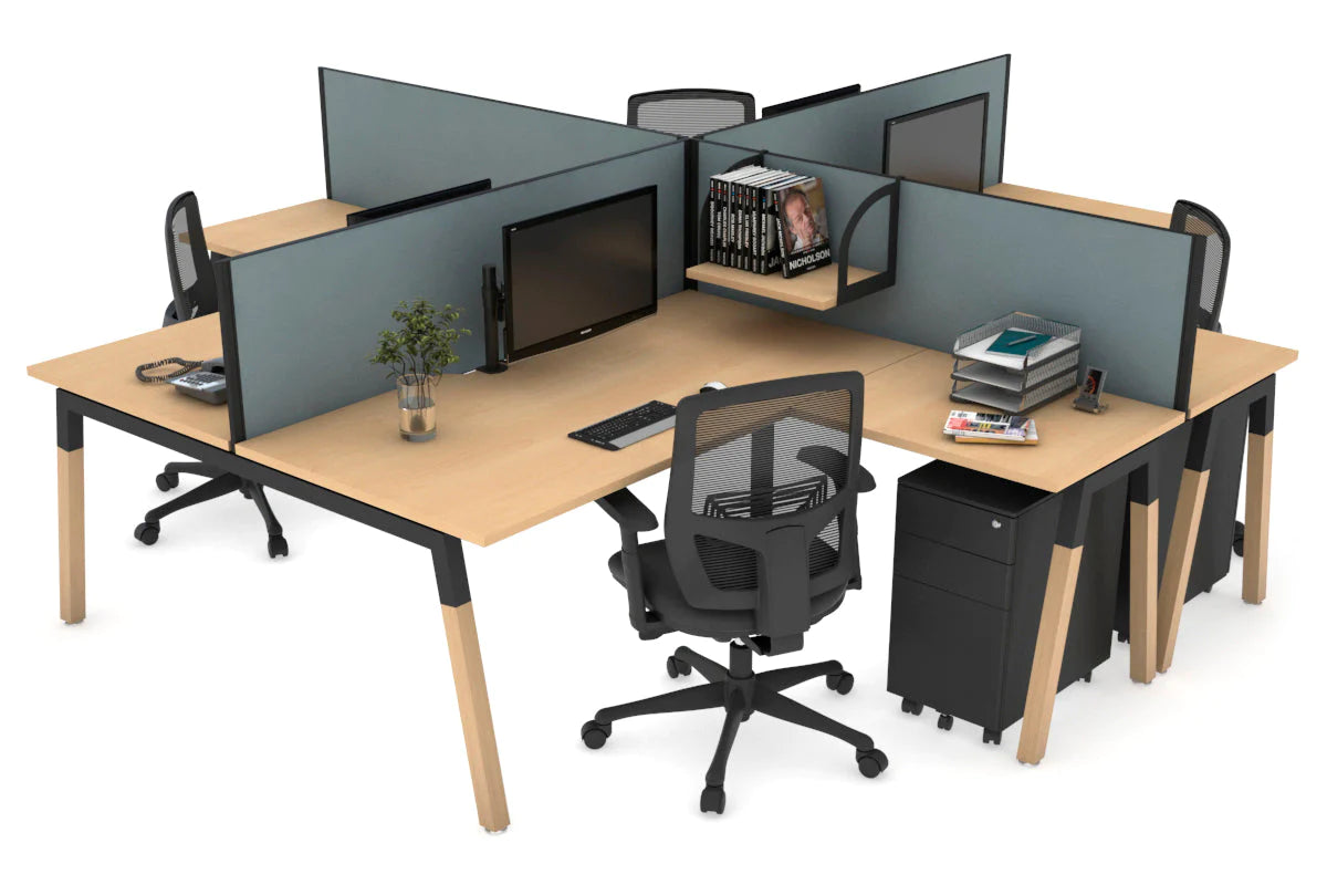Quadro Wood A Leg Cross Beam 4 Person Corner Workstations [1400L x 1800W with Cable Scallop] Jasonl black leg maple cool grey