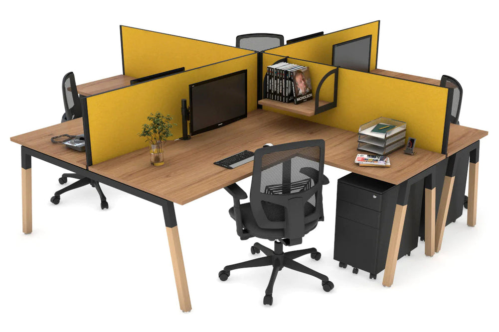 Quadro Wood A Legs Cross Beam 4 Person Corner Workstation [1400L x 1800W with Cable Scallop]-black leg salvage oak mustard yellow
