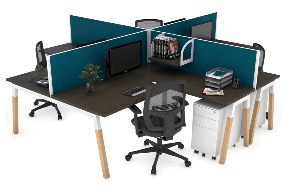 Quadro Wood A Legs Cross Beam 4 Person Corner Workstation [1400L x 1800W with Cable Scallop]-white leg dark oak deep blue