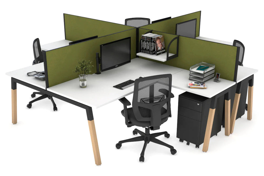 Quadro Wood A Legs Cross Beam 4 Person Corner Workstation [1400L x 1800W with Cable Scallop]-black leg white green moss