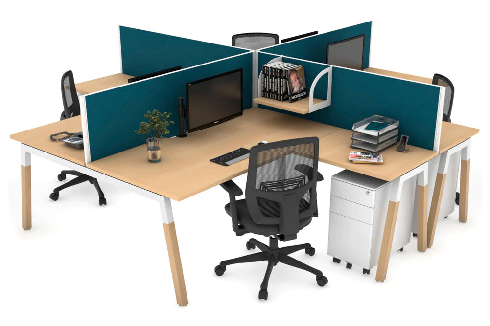 Quadro Wood A Legs Cross Beam 4 Person Corner Workstation [1400L x 1800W with Cable Scallop]-white leg maple deep blue