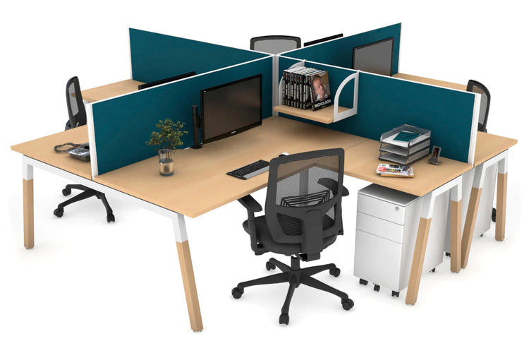 Quadro Wood A Leg Cross Beam 4 Person Corner Workstations [1400L x 1800W with Cable Scallop] Jasonl white leg maple deep blue