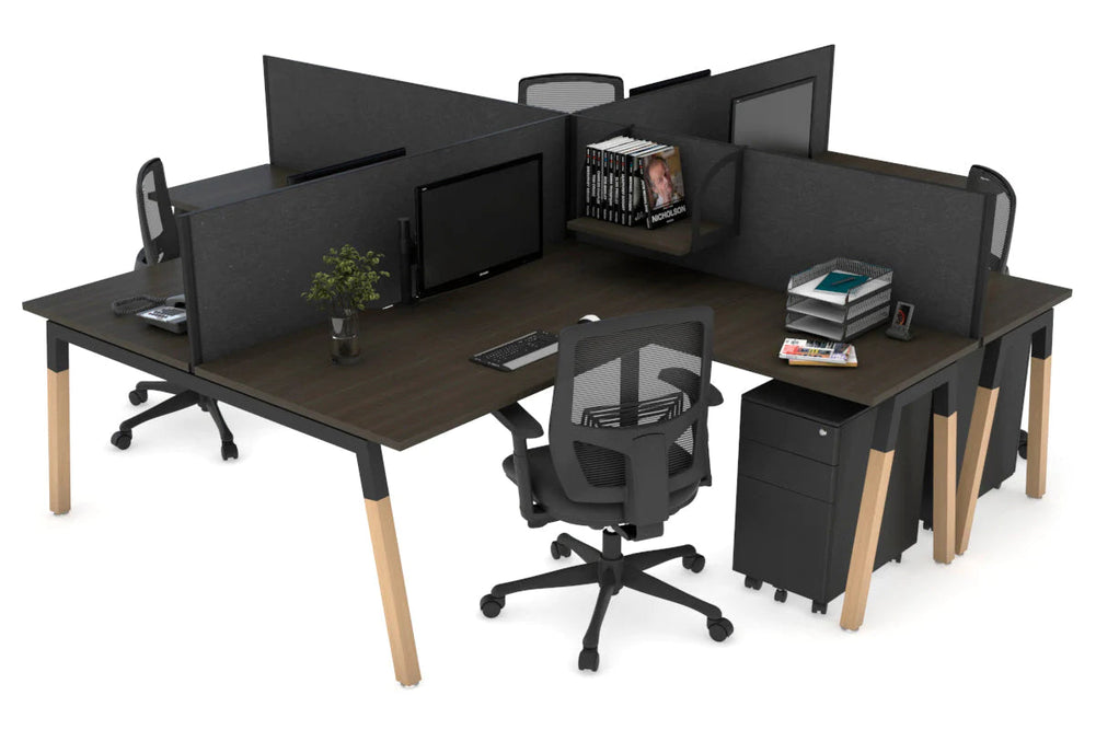Quadro Wood A Legs Cross Beam 4 Person Corner Workstation [1400L x 1800W with Cable Scallop]-black leg dark oak moody charcoal