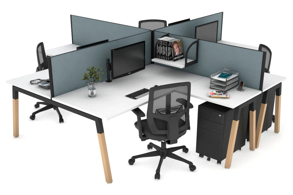 Quadro Wood A Legs Cross Beam 4 Person Corner Workstation [1400L x 1800W with Cable Scallop]-black leg white cool grey