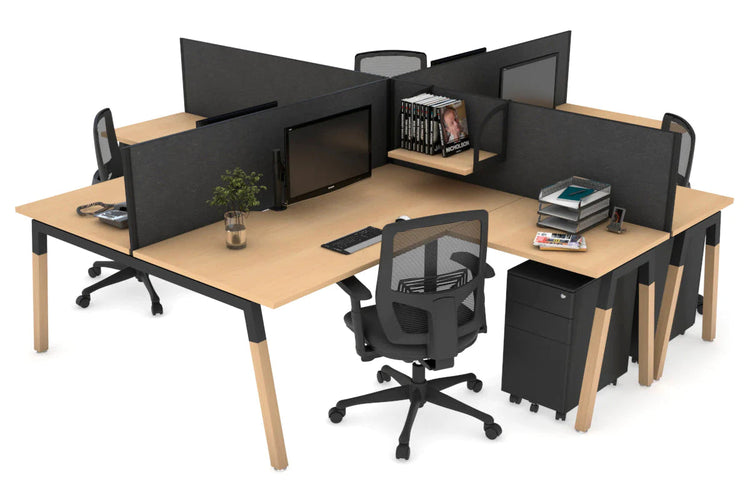 Quadro Wood A Leg Cross Beam 4 Person Corner Workstations [1400L x 1800W with Cable Scallop] Jasonl black leg maple moody charcoal