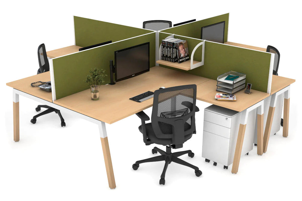 Quadro Wood A Legs Cross Beam 4 Person Corner Workstation [1400L x 1800W with Cable Scallop]-white leg maple green moss