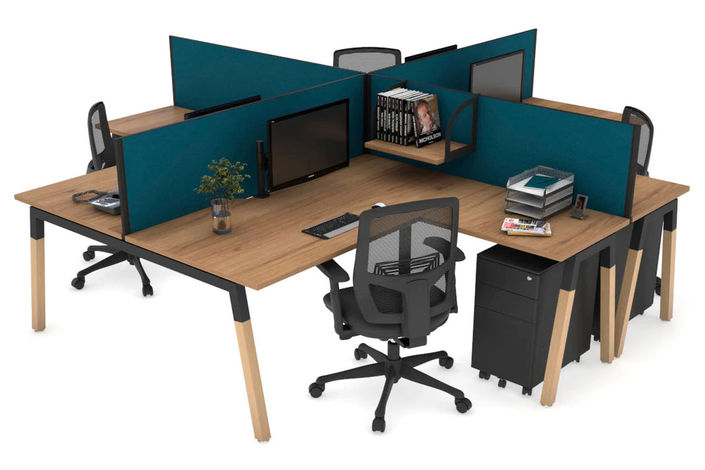 Quadro Wood A Legs Cross Beam 4 Person Corner Workstation [1400L x 1800W with Cable Scallop]-black leg salvage oak deep blue