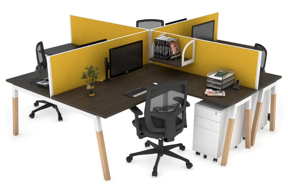 Quadro Wood A Legs Cross Beam 4 Person Corner Workstation [1400L x 1800W with Cable Scallop]-white leg dark oak mustard yellow