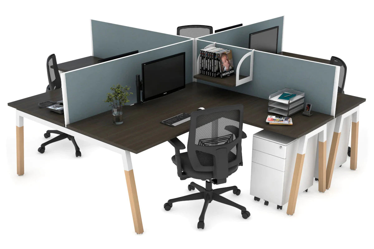 Quadro Wood A Leg Cross Beam 4 Person Corner Workstations [1400L x 1800W with Cable Scallop] Jasonl white leg dark oak cool grey