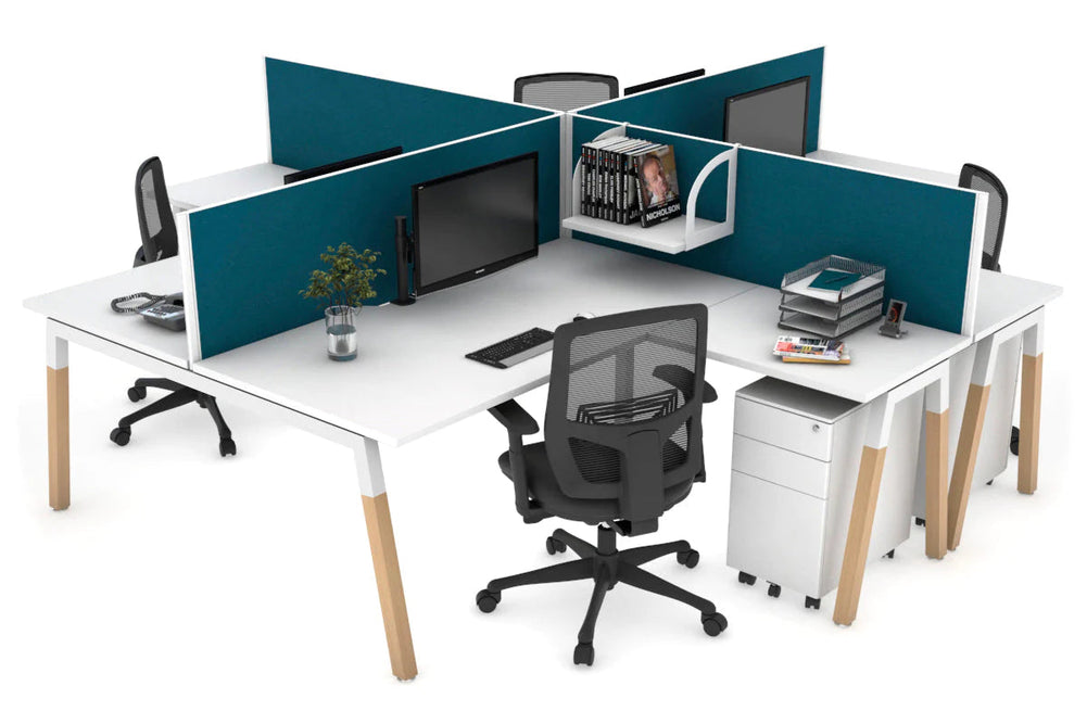 Quadro Wood A Legs Cross Beam 4 Person Corner Workstation [1400L x 1800W with Cable Scallop]-white leg white deep blue