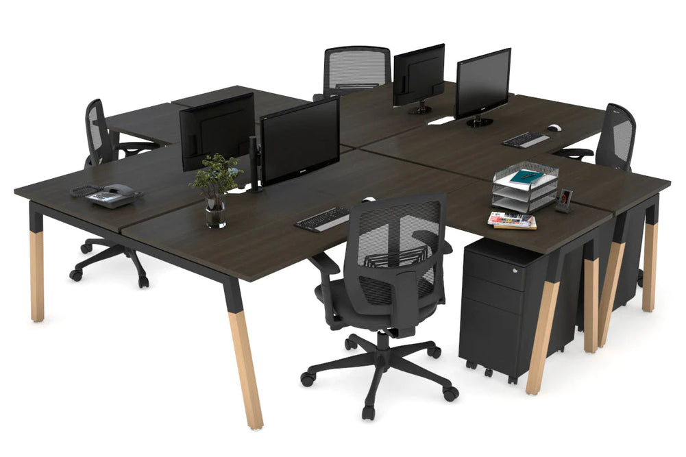 Quadro Wood A Legs Cross Beam 4 Person Corner Workstation [1400L x 1800W with Cable Scallop]-black leg dark oak none