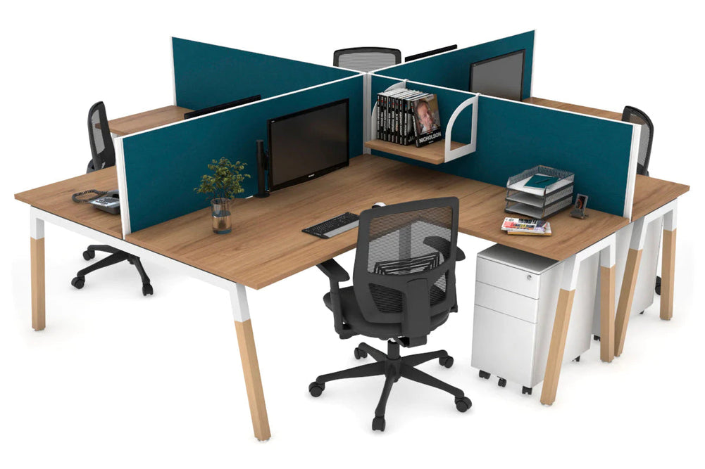 Quadro Wood A Legs Cross Beam 4 Person Corner Workstation [1400L x 1800W with Cable Scallop]-white leg salvage oak deep blue