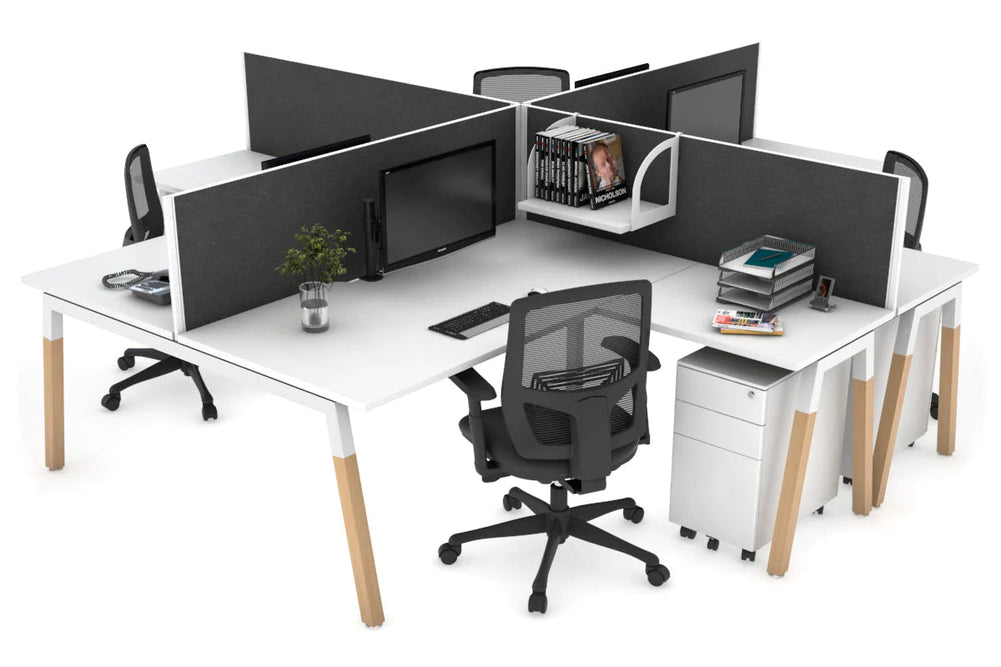 Quadro Wood A Legs Cross Beam 4 Person Corner Workstation [1400L x 1800W with Cable Scallop]-white leg white moody charcoal