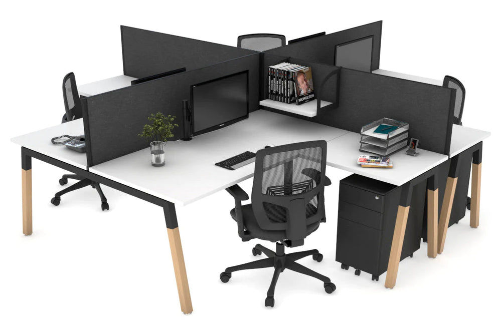 Quadro Wood A Legs Cross Beam 4 Person Corner Workstation [1400L x 1800W with Cable Scallop]-black leg white moody charcoal