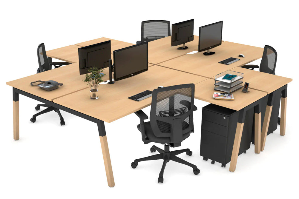 Quadro Wood A Legs Cross Beam 4 Person Corner Workstation [1400L x 1800W with Cable Scallop]-black leg maple none