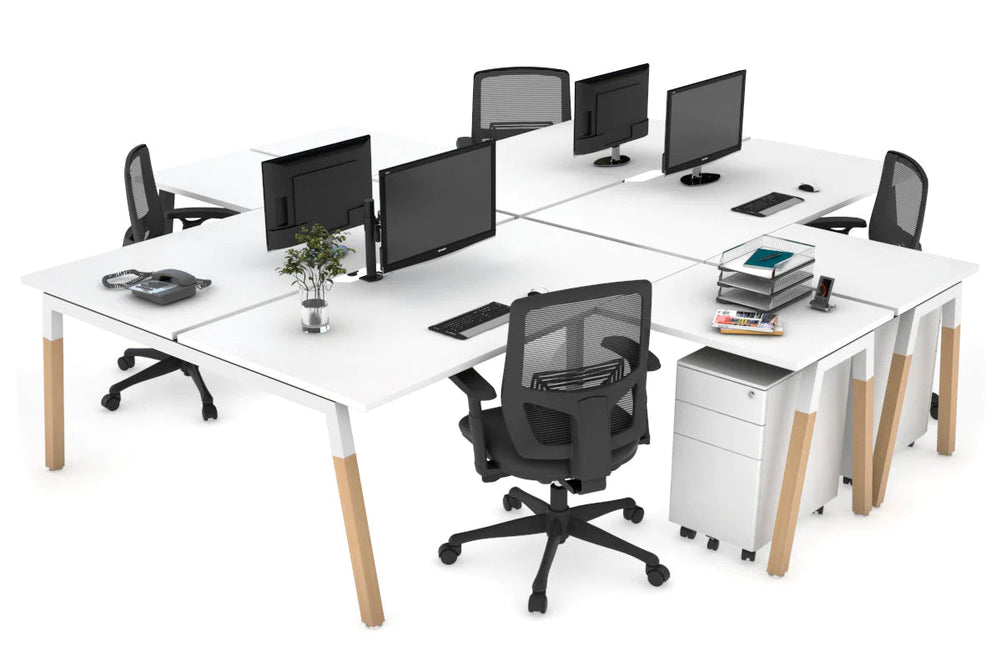 Quadro Wood A Legs Cross Beam 4 Person Corner Workstation [1400L x 1800W with Cable Scallop]-white leg white none
