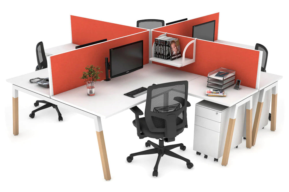 Quadro Wood A Legs Cross Beam 4 Person Corner Workstation [1400L x 1800W with Cable Scallop]-white leg white squash orange