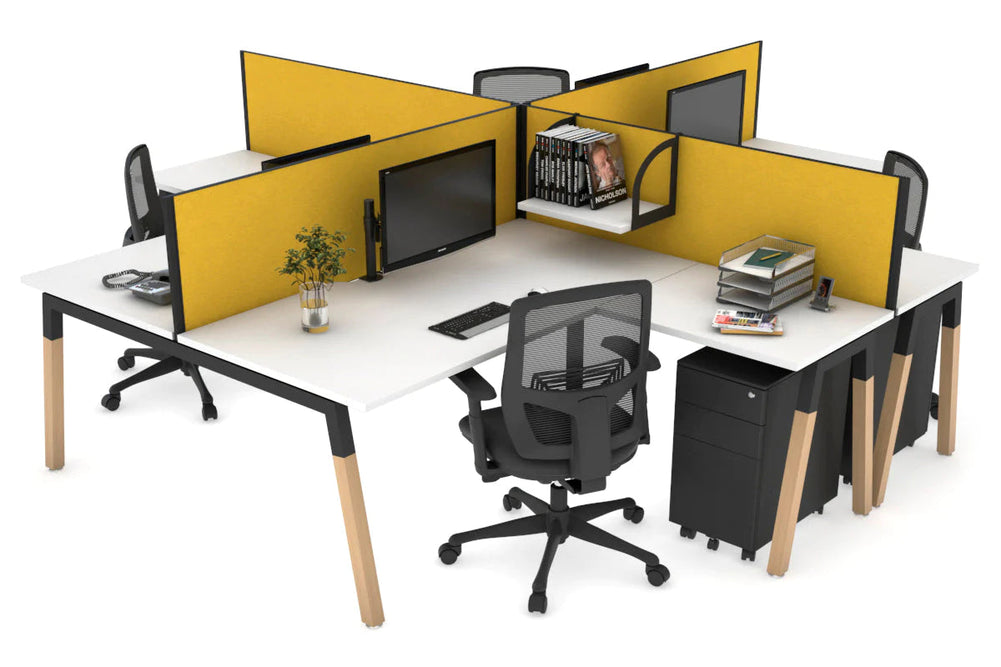 Quadro Wood A Legs Cross Beam 4 Person Corner Workstation [1400L x 1800W with Cable Scallop]-black leg white mustard yellow