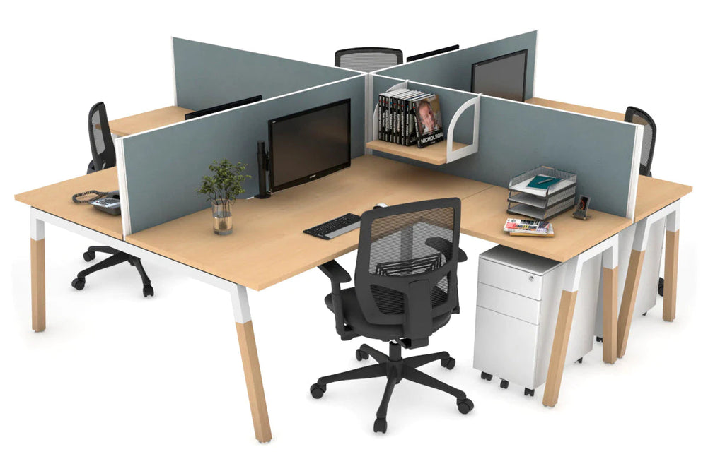 Quadro Wood A Legs Cross Beam 4 Person Corner Workstation [1400L x 1800W with Cable Scallop]-white leg maple cool grey