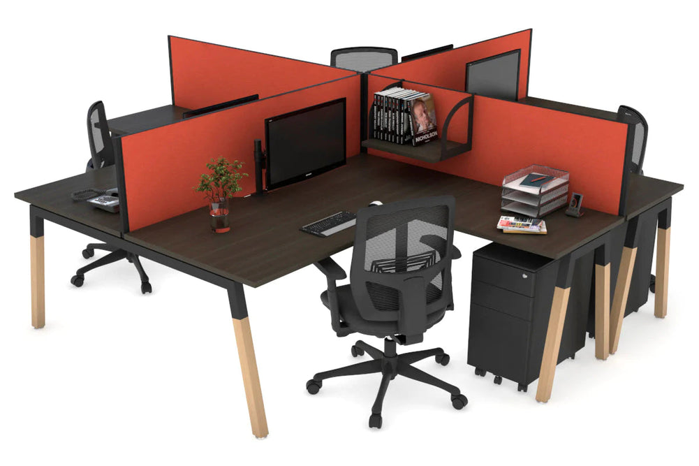 Quadro Wood A Legs Cross Beam 4 Person Corner Workstation [1400L x 1800W with Cable Scallop]-black leg dark oak squash orange