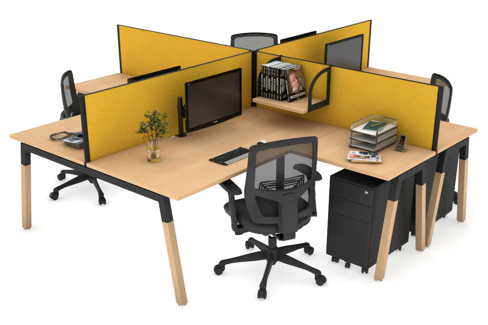 Quadro Wood A Legs Cross Beam 4 Person Corner Workstation [1400L x 1800W with Cable Scallop]-black leg maple mustard yellow