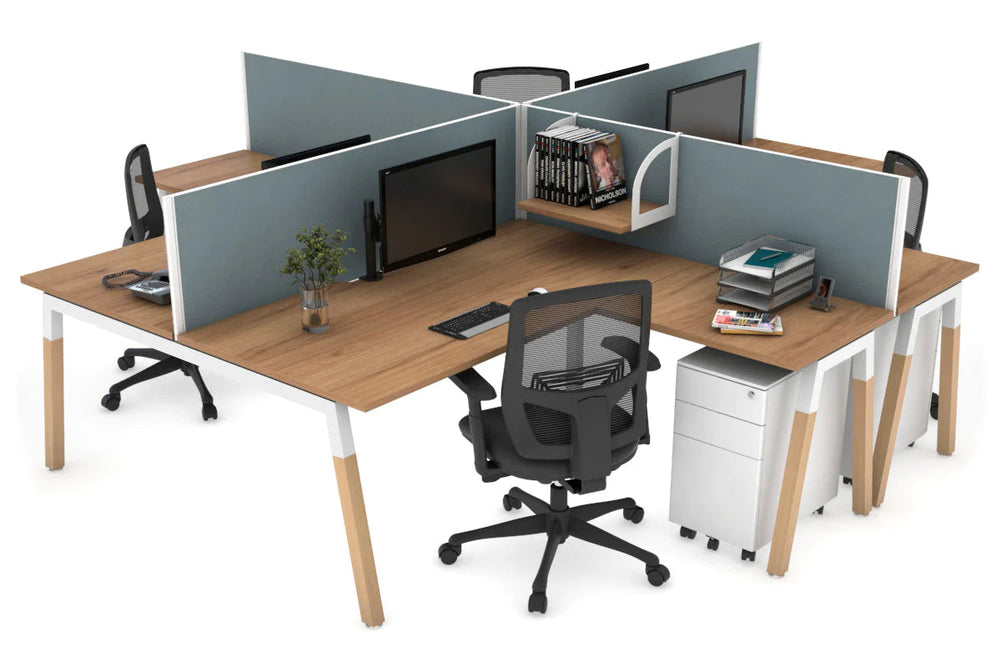 Quadro Wood A Legs Cross Beam 4 Person Corner Workstation [1400L x 1800W with Cable Scallop]-white leg salvage oak cool grey