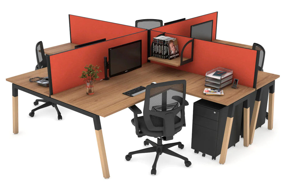 Quadro Wood A Legs Cross Beam 4 Person Corner Workstation [1400L x 1800W with Cable Scallop]-black leg salvage oak squash orange