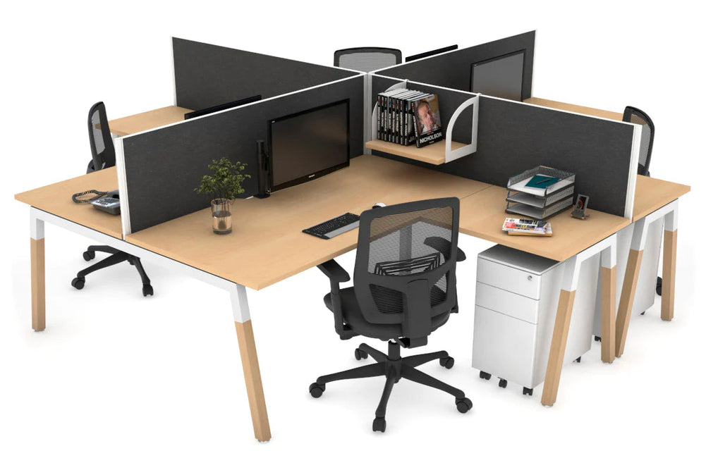 Quadro Wood A Legs Cross Beam 4 Person Corner Workstation [1400L x 1800W with Cable Scallop]-white leg maple moody charcoal
