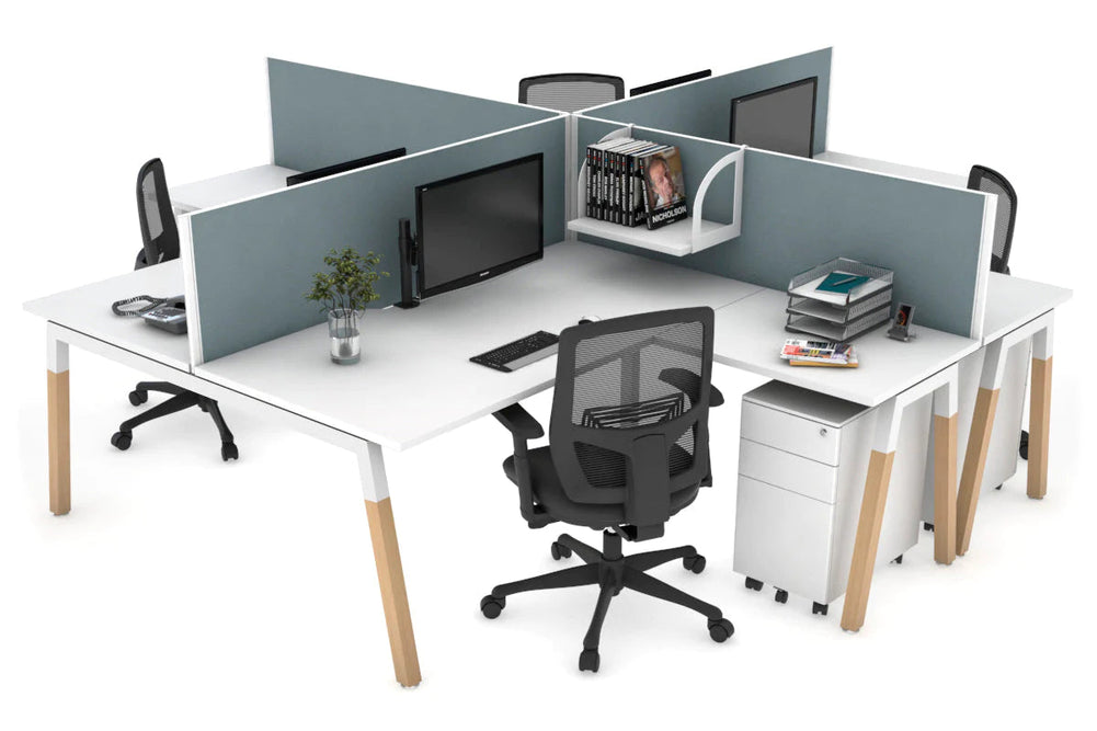 Quadro Wood A Legs Cross Beam 4 Person Corner Workstation [1400L x 1800W with Cable Scallop]-white leg white cool grey