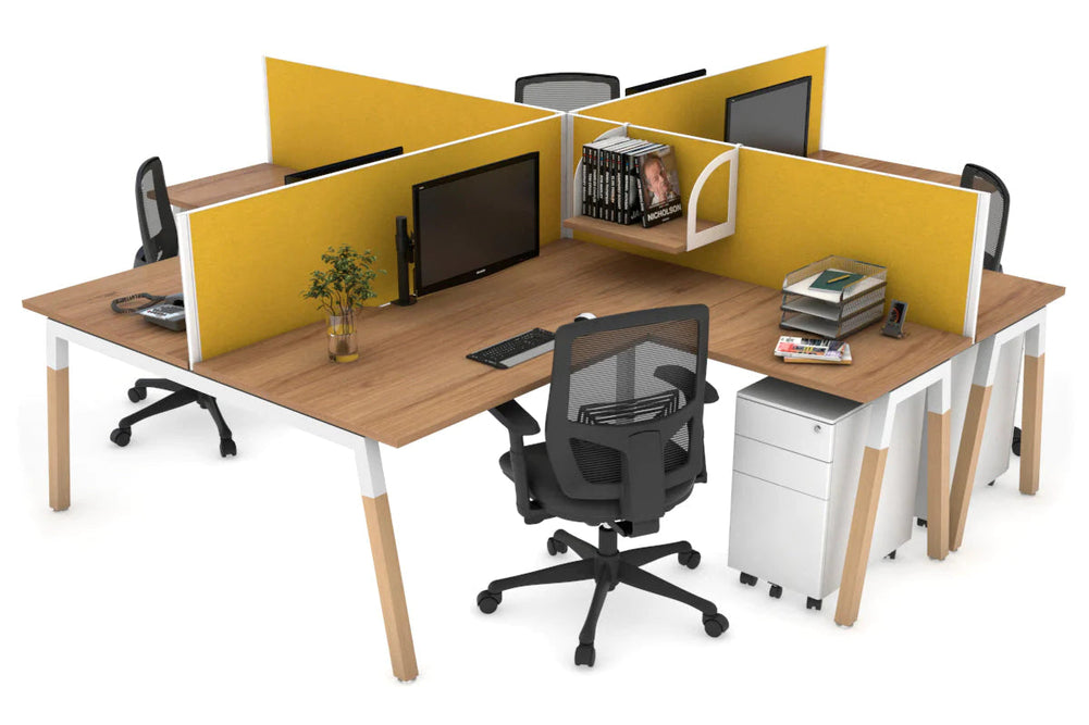 Quadro Wood A Legs Cross Beam 4 Person Corner Workstation [1400L x 1800W with Cable Scallop]-white leg salvage oak mustard yellow
