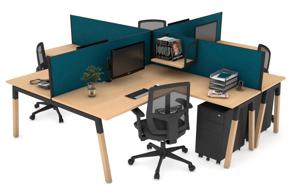 Quadro Wood A Legs Cross Beam 4 Person Corner Workstation [1400L x 1800W with Cable Scallop]-black leg maple deep blue